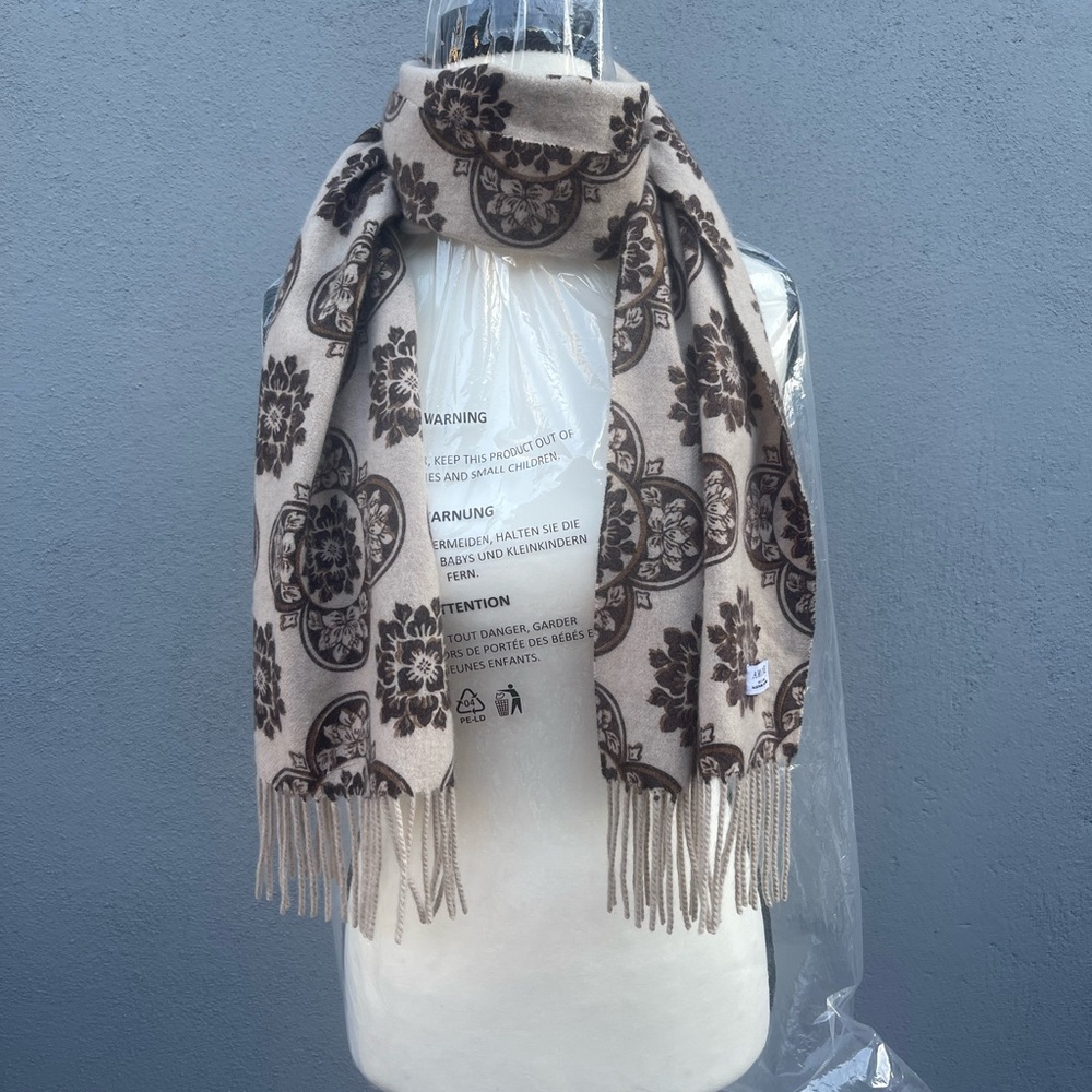 Amicale Cashmere Floral Scarf in Cream and Brown - Picture 3 of 8